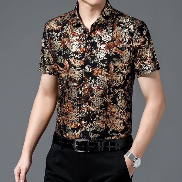 Mens Casual Camisas Havaí Moda Chinesa 80% Seda Preto Manga Curta Ambos os Lados Imprimir Flor Para Praia Roupas de Verão 230518