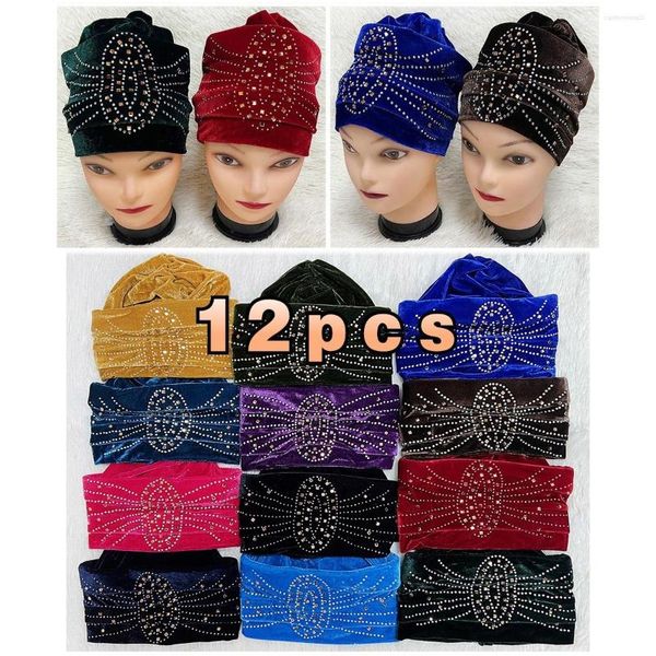 Ethnische Kleidung 12 stücke Neueste Mode Muslimischen Weiblichen Turban Hut Motorhaube Gold Samt Strass Solide Beanie Haar Bonnets Kappe Für frauen