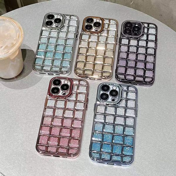 Designer Eletroplated Case Mirror Protector Plaid Adequado para iPhone 14 13 12 Pro Max 11 14Plus Concha macia Anti-Fall Case