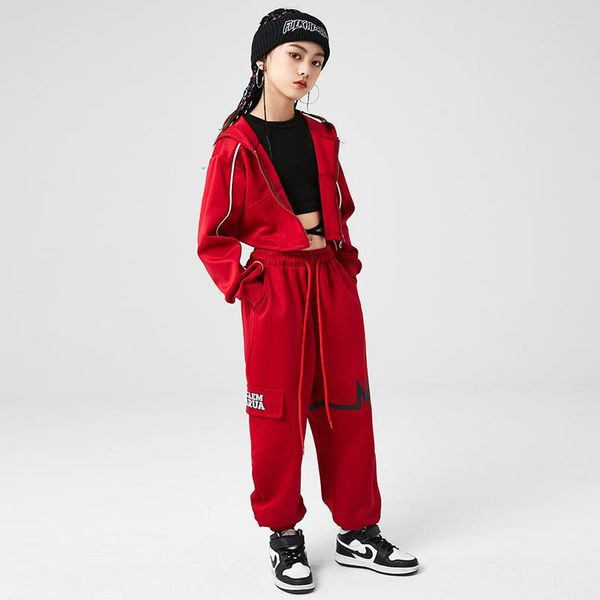 Bühnenkleidung Kinder Hip Hop Kleidung Rot Langarm Hoodie Shirt Tops Lässige Jogger Trainingshose für Mädchen Jazz Dance Kostüm Teenager Kleidung