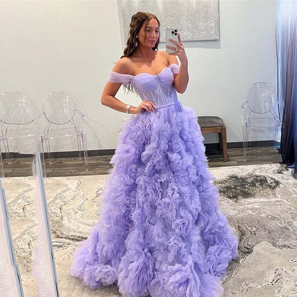 Fablous Clouds Ballkleid mit Rüschen, schulterfrei, gestuftes Abendkleid, Partykleid, herzförmiges Lila, langes Kleid für besondere Anlässe