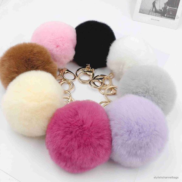 Keychains 8cm de pele de peles keyring Correntes de cores douradas Pompons Fox Rabbit Fur Charms Chain