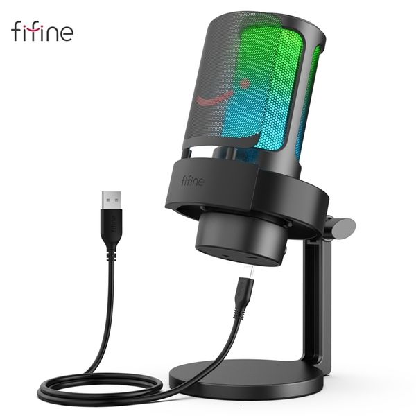 Микрофоны Fifine USB -микрофон для записи и потоковой передачи на вывод для наушников и кнопки для наушников и Mac и кнопкой с сенсорной кнопкой с 3 режимами RGB -A8 230518