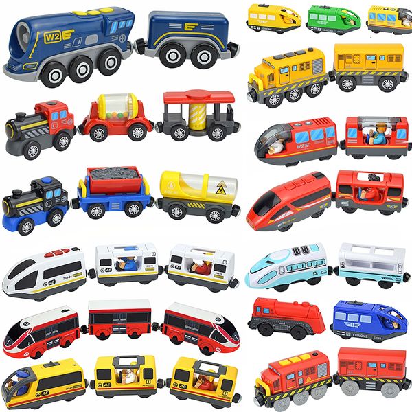 Diecast Modell Kind Magnetische Elektrische Zug Auto Lokomotive Holz Track Slot Eisenbahn Mit Zwei Wagen Holz Spielzeug Biro Leduo 230518