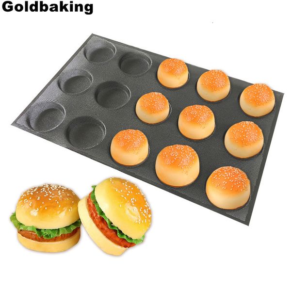 Ferramentas de bolo Goldbaking Silicone Bun Pão Formas Antiaderente Assadeiras Perfuradas Hamburger Moldes Muffin Pan Bandeja 230518