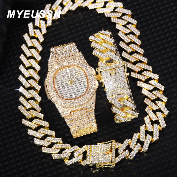 Chokers Iced Out Watch Mens cubano Chain Chain Bracelet Colar Cheker Bling Jewelry Men Big Gold Color Corrents Hip Hop Punk Conjunto 230518