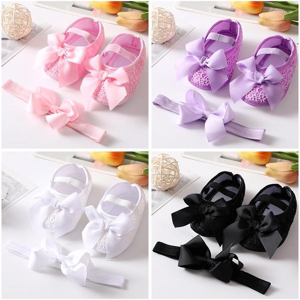 Primeiros caminhantes, sola, sola, nascida, menina de batizagem, bandana da cabeça de cabeça adorável Princesa Lace Bowknot Infant Non Slip Walker