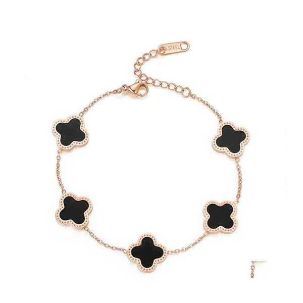 Braccialetti con ciondoli Giappone e Corea del Sud Moda Bracciale in acciaio al titanio Trifoglio con cinque fiori Femmina Erba fortunata Acrilico Oro rosa 18 carati Br Dh4Le