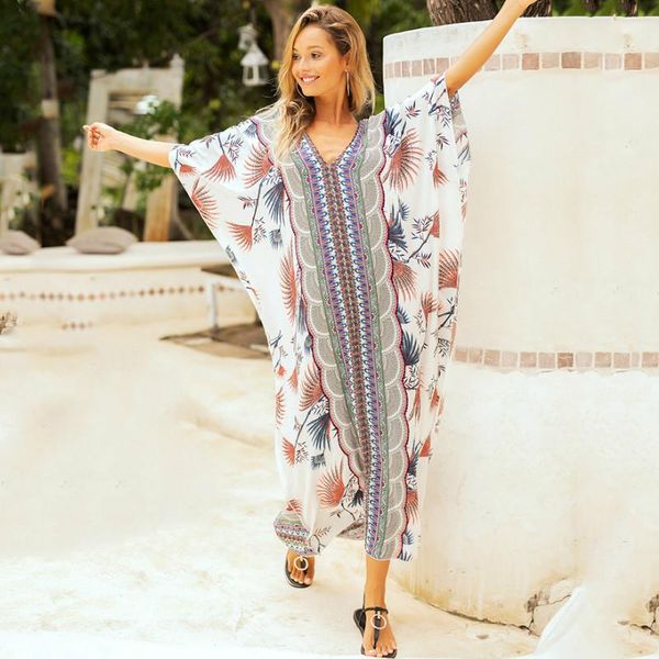 Vestido Teelynn 2022 Boho Maxi Tunic Dress for Women Kaftan Summer Swim Swimp Up Cotton Rayon Floral Print Vestidos Lobo de praia solto