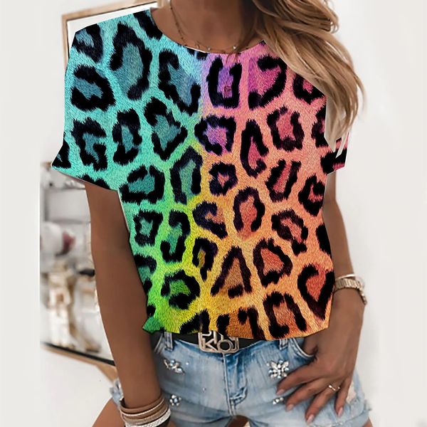 Damen-T-Shirt, sexy Damen-T-Shirt, modisches Leopardenmuster, lässiges Kurzarm-T-Shirt für Mädchen, Straße, schöne T-Shirts, O-Ausschnitt, Damen-Top-Shirt 230518