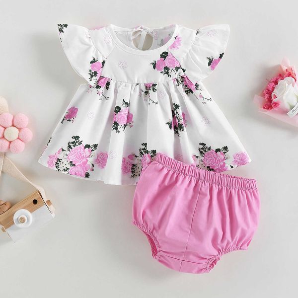 Set di abbigliamento Neonato Neonato Completo estivo 2 pezzi Set Manica corta Collo Top floreali e pantaloncini tinta unita 0-2T