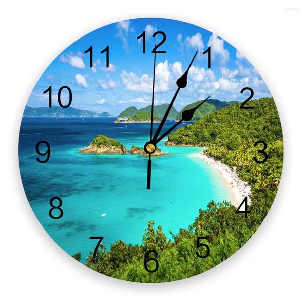 Relógios de parede Ocean Blue Island Relógio Decoração de casa Silent Oclock Watch Digital for Kids Rooms