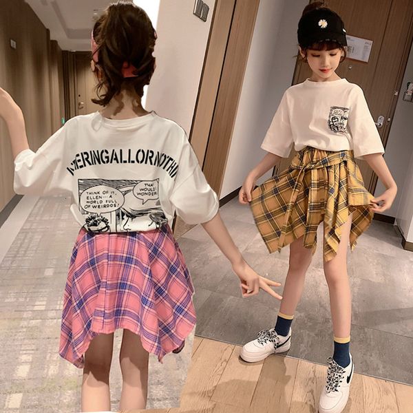 Roupas para roupas de menina júnior Roupa de verão Manga curta Tamart saia xadrez 2pcs Conjunto infantil Loungewear