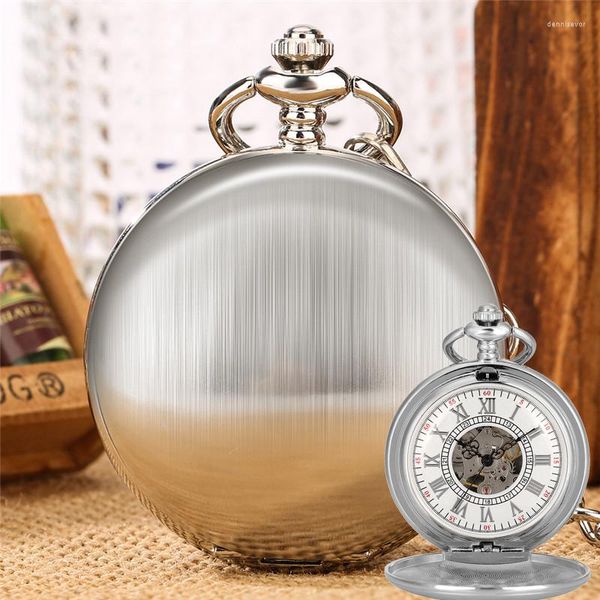 Pocket Watches Silver Watch Full Watch Case Matte Número romano Relógio mecânico automático com cadeia pendente para homens presentes