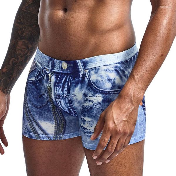 Mutande Uomo Boxer Jeans Stampa Intimo sexy Bikini Built U Convex Pouch Gay Mutandine maschili Pantaloncini Ropa Interior Hombre
