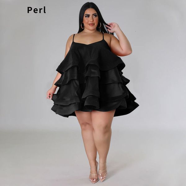 Платья плюс размеры Perl Size Roolevels Rufffle Press Fit Fit Spaghetti Best Короткие женщины Большой качание атласная стропа негабаритная юбка 230519