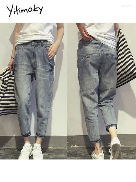 Jeans da donna Yitimuceng da donna in stile coreano sciolto da ufficio da donna Streetwear tinta unita pantaloni in denim con candeggina elastica blu chiaro