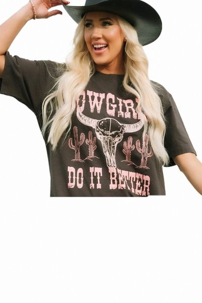 Graues COWGIRLS DO IT BETTER übergroßes T-Shirt mit Grafikdruck i4Sp#