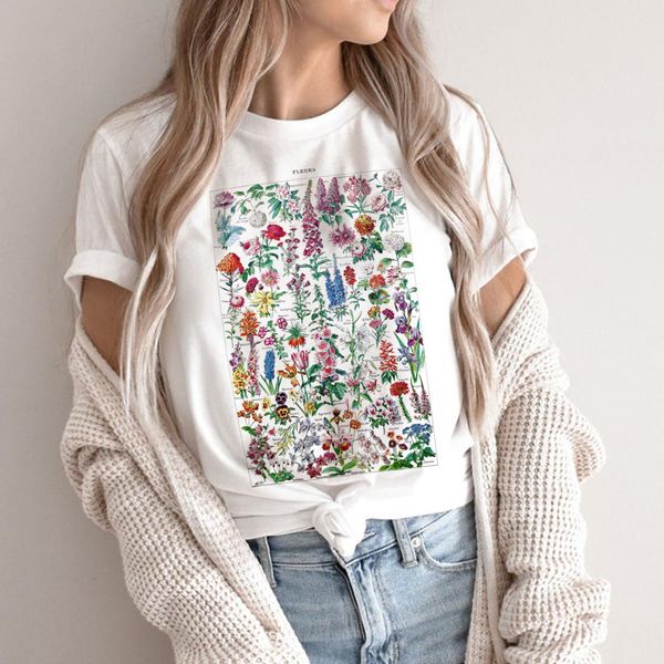 Футболка Винтажная футболка с цветочной иллюстрацией в стиле бохо, повседневный топ с цветочным принтом, милый эстетический графический женский футболки, одежда в стиле Cottagecore
