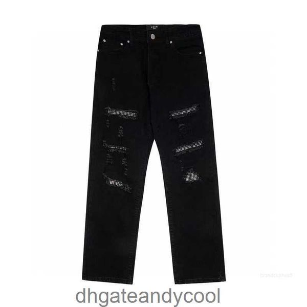 Faca Denim Amirres Jeans Designer Calças Homem Queda Preto Split Couro Corte Buraco Broca Quente High Street Studded Calças Slim Fitting Ame BBCO