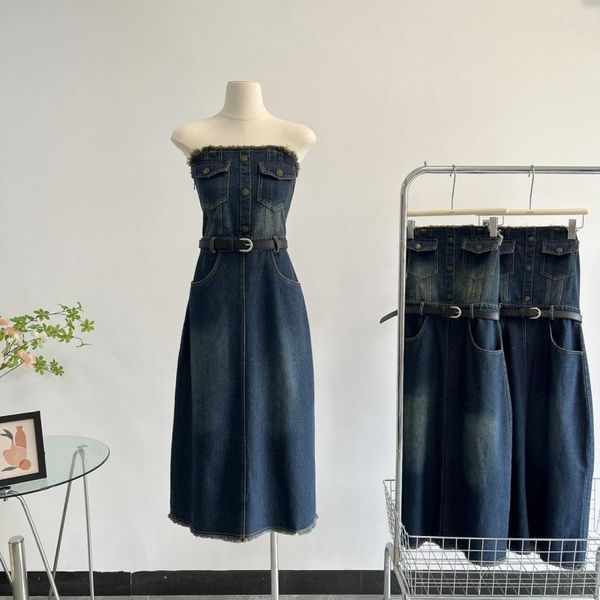 Lässige Kleider Vintage Denim Kleid Damen Sommer BH Slash Neck Style Bund zeigt dünne süße und würzige Gesäß Lange Vestidos