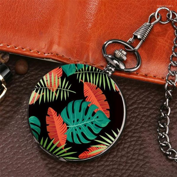 Taschenuhren, Motiv: tropische Pflanzen, Design, Quarz, antike Uhr, komplette Anhängeruhr mit 30 cm Anhänger, personalisierbar