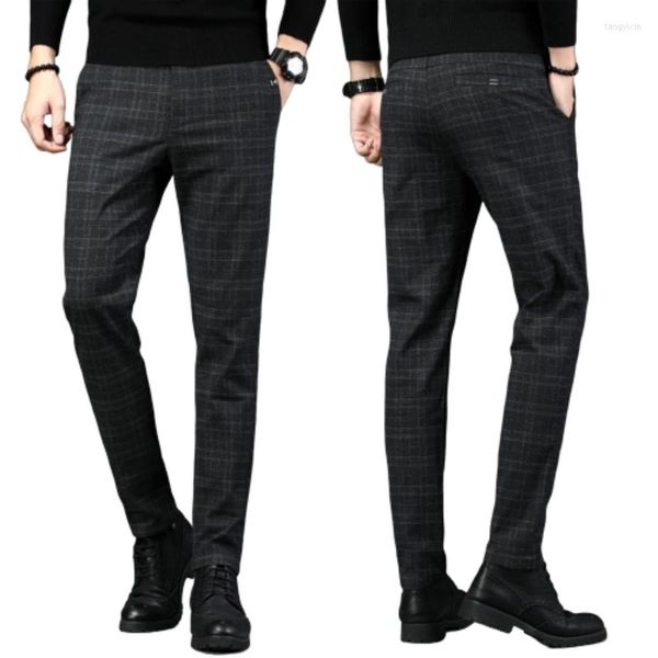 Herrenhosen Herren Casual Plaid Business Slim Fit Dunkelgrau Klassischer Stil Elastische Hose Männliche Markenkleidung Street Fashion