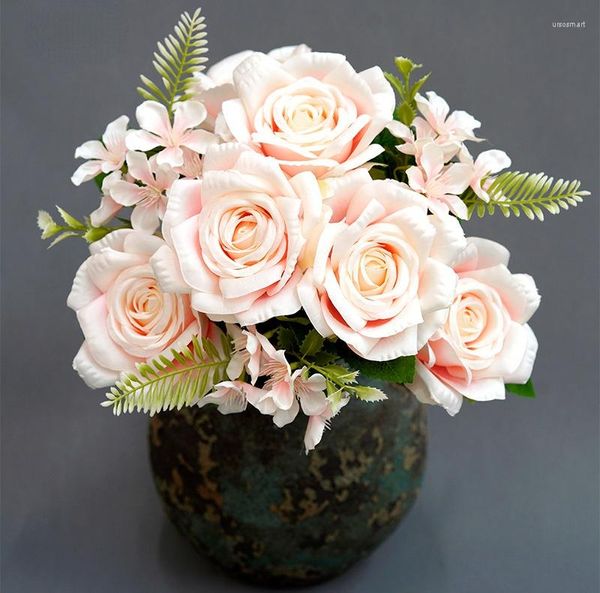 Fiori decorativi Simulazione Bouquet di rose Seta Matrimonio finto Floreale El Centro commerciale Decorazione Rosa Fiore bianco Rose artificiali opache