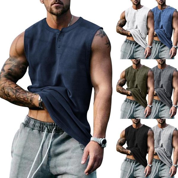 Herren Polos 2023 Sommer Herren Sport Basketball Tank Top Großes Rundhals Button Up Ärmelloses T-Shirt