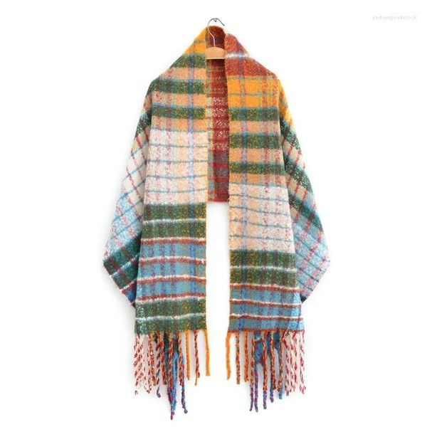 Schals In Mohair Regenbogen Plaid Koreanische Mode Schal frauen Winter Verdickte Warme Quaste Schal Weibliche Casual Stricken Schalldämpfer