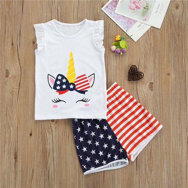 Completi di abbigliamento Toddler Girls Abiti del 4 luglio Set di pantaloncini con maniche con stampa di simpatici cartoni animati