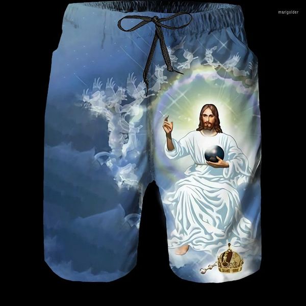 Herren-Shorts, modische Hose für Herren, Oh mein Gott, 3D-Jesus-Druck, elastisches Kordelzug-Design, Vordertaschenhose, Sommer, bequem, weich