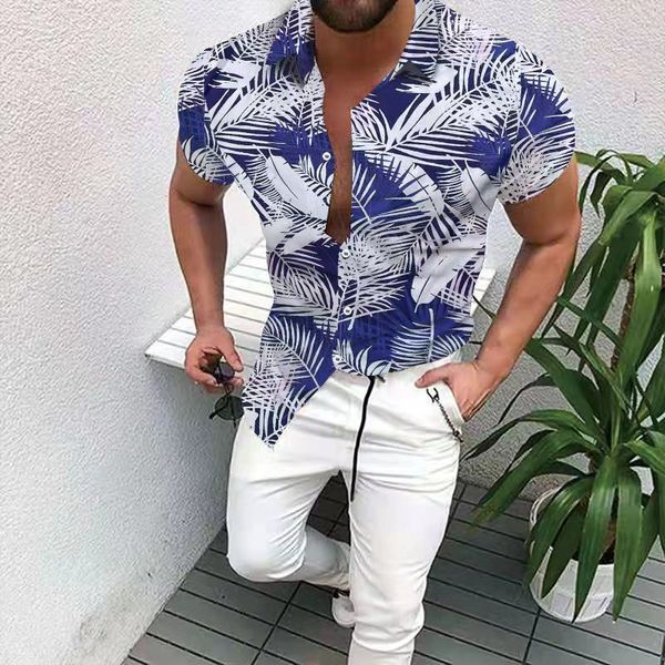 Satış Bahar Yaz Men Hawaiian Bluz Gevşek Moda Basit Giyim Yakası Boyun Sıradan Sokak Giyim Ofis Partisi Gömlek Desen Baskılı Üst L XL 2XL 3XL Gömlek