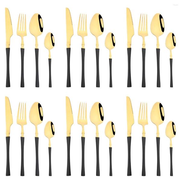 Conjuntos de utensílios de jantar 24pcs Black Gold Set Facks Spoon Tea Tootlers