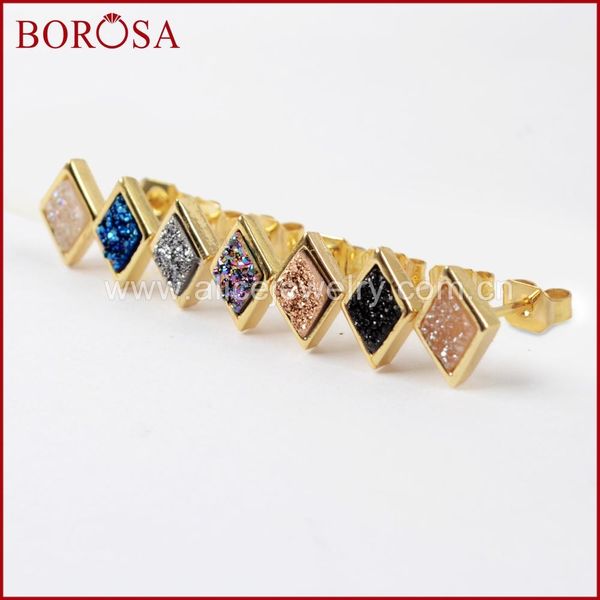 Серьги BOROSA, 5/10 пар, ромбический золотой цвет, ободок, Радужный Титан, серьги-гвоздики Druzy, разноцветные серьги-гвоздики Drusy для женщин, ювелирные изделия ZG0281