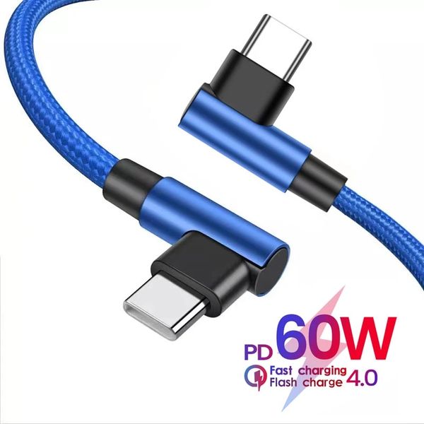 Cabo duplo de 90 graus Tipo C para Samsung Huawei Xiaomi Redmi PD 60W Carregamento rápido USB C Cord Tipo C Tipo C