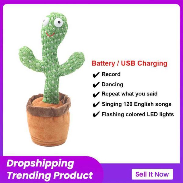 Novità Articoli USB Danza Cactus Simpatico giocattolo parlante Parla bambola Registra Ripeti Natale Cactus Bambini Istruzione Canta canzoni Regalo di compleanno G230520