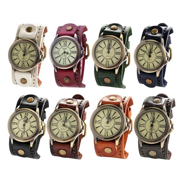 Avanadores de pulso UNISSISEX Quartz Assista Numerais Romanos Banda larga Dial redondo Dial Retro Punk Watch para atender a Men Women Mulheres elegante