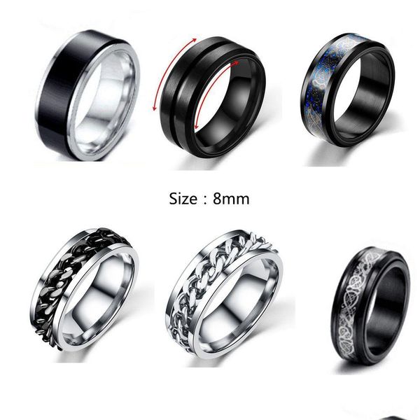 Anéis de banda 6mm 8mm 8mm aço inoxidável anel rotativo Anel personalizado Anti Ansiedade Fidget para homens homens Trendy Jewelry Gift preto sliv dhra9