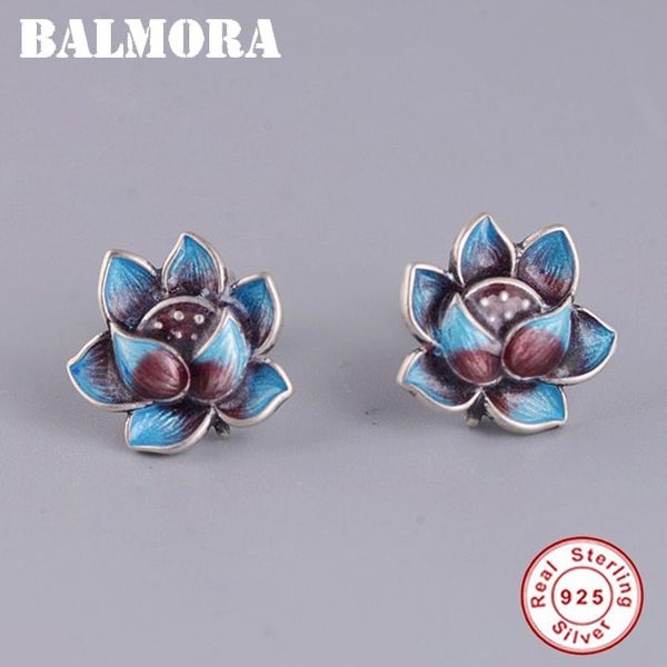 Stud Balmora Real 925 Sterling Silver Retro Lotus -Studentuch Ohrringe für Frauen Geschenk romantische elegante emaillierende Schmuckmodie ethnische Mode