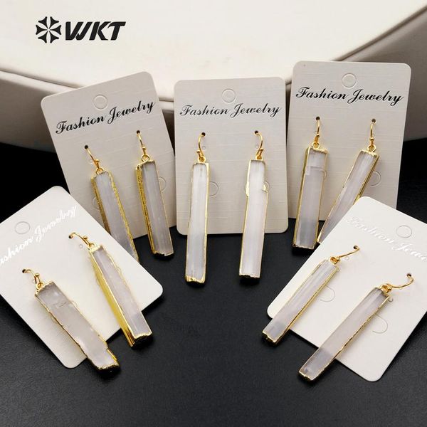 Nó WTE341 Atacado brincos de lâmina de cristal selenita borda de ouro natural moda alongada brincos de varinha de cristal selenita branco