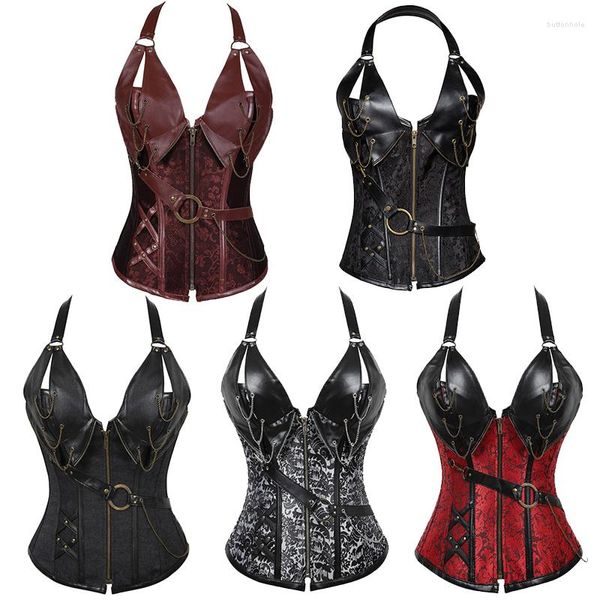 Bustiers Corsetsets de espartilho de couro punk de 4 aço com um cinto e pescoço Shapepiece Lingerie Set Court European Wear Brown