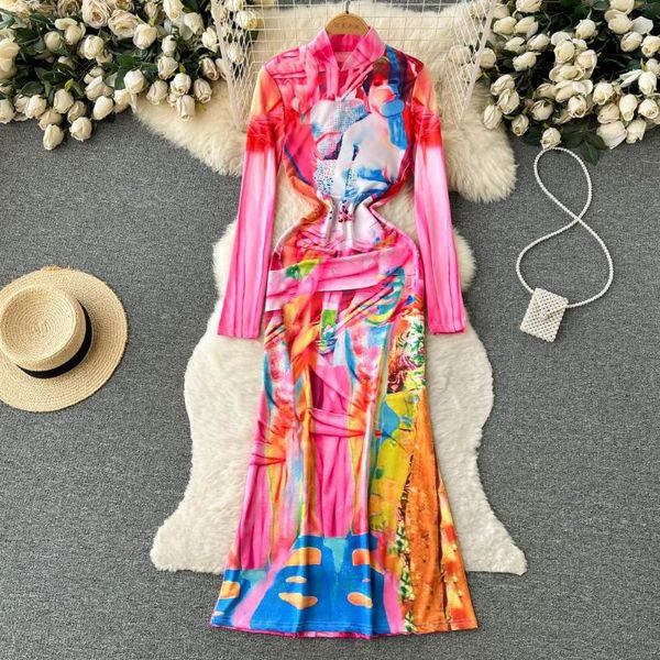 Casual Kleider Frühling Retro Mode Druck Schlank Wrap Fischschwanz Kleid Frauen Western Langarm Vintage Elegante Kleidung Vestidos De Mujer J605