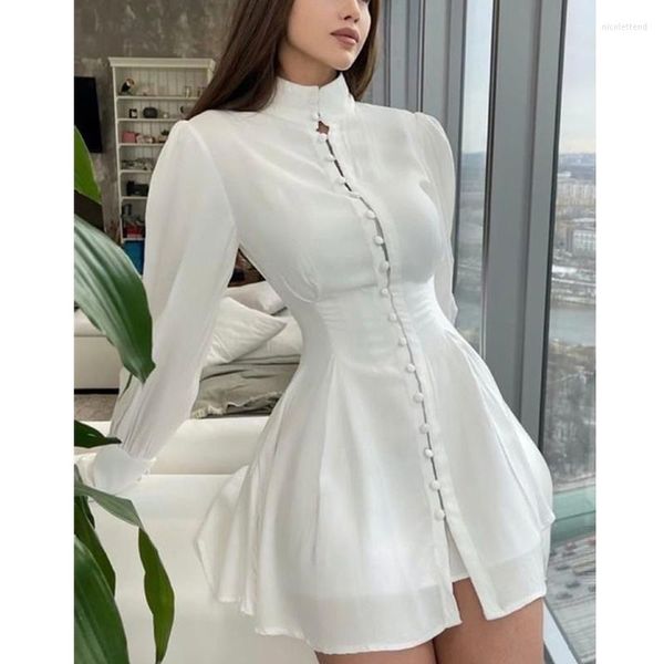 Vestidos casuais 2023 mulheres elegantes festas noturnas vestido midi lady moda de manga longa stand colar coreset camisa slim white button