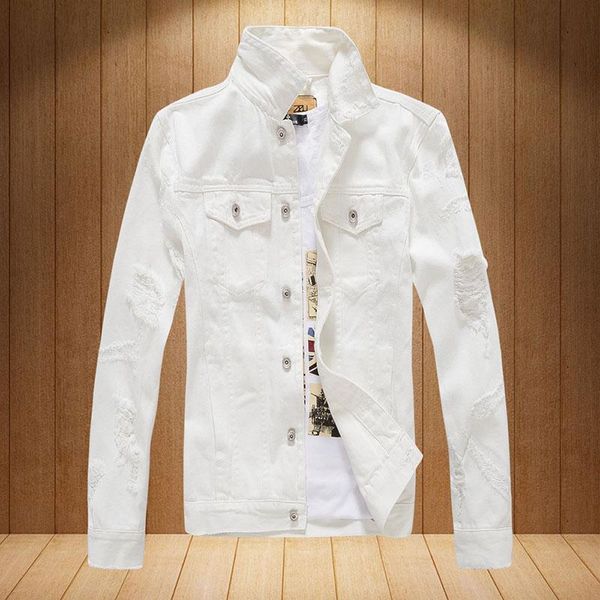 Giacche da uomo Cappotto di jeans da uomo Primavera Autunno Ragazzo Colletto alla coreana Jean Bianco Rosa Uomo Casual Streetwear Strappato Lavato Capispalla da cowboy 4XLUomo