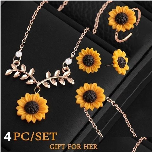 Altri set di gioielli Moda girasole per le donne Ciondolo creativo Collana Orecchini Bracciale Anello Party Drop Delivery Dhvn8