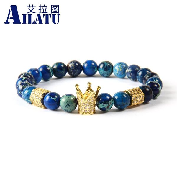 Bangle Ailatu 10pcs jóias masculinas poderosas atacado 8mm azul mar sedimento pedra contas claro cz coroa imperial rolhas pulseiras