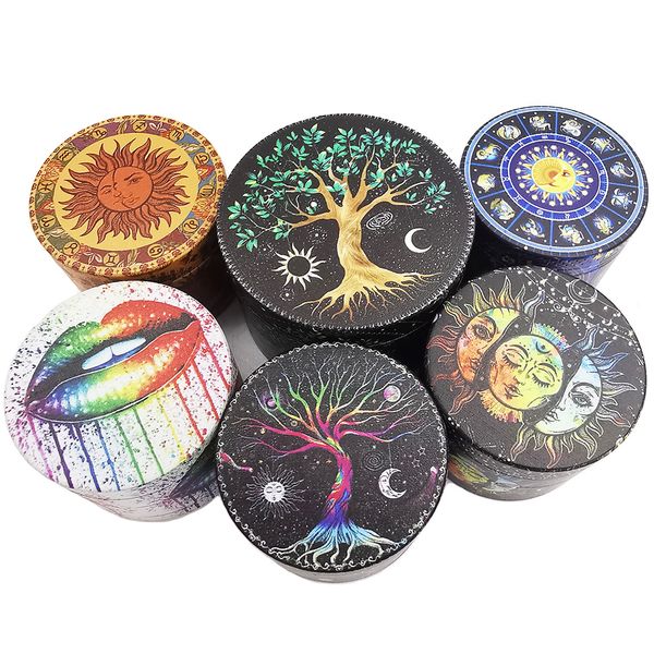 Lucky Tree Herbal Herb Grinder per fumare 50MM 2 pollici 4 strati Metallo in lega di zinco Dry Herb Grinder Life for Green Tree Lip Sun Moon Black Pattern