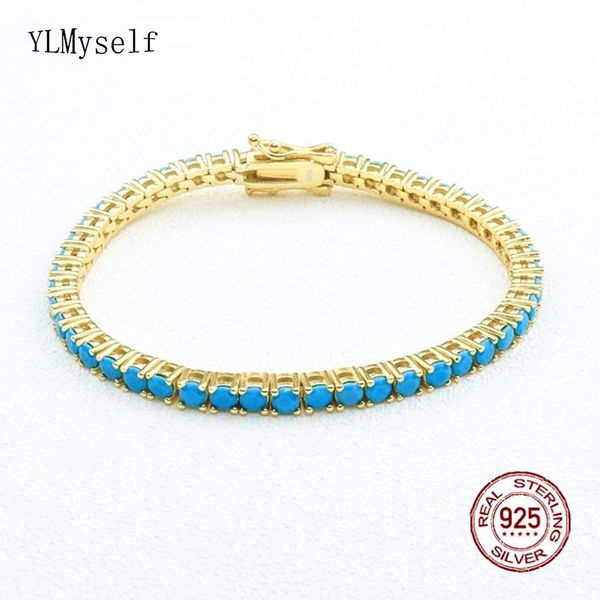 Bracciale rigido in argento puro 1521 cm Bracciale tennis con pavé di 3 mm Pietra blu turchese rodiato/placcato in oro Vero gioiello 925 per donna/uomo