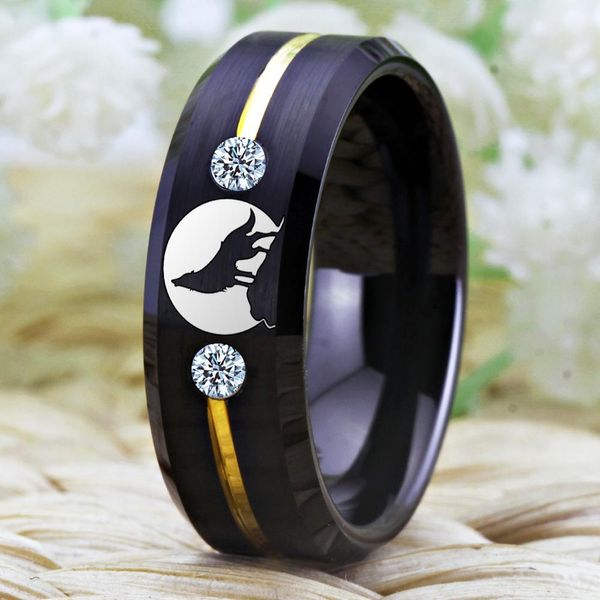 Ringe Wolfram Wolf Ringe für Männer Lone Wolf Heulender Mond Ring Herren Weding Band Engagement Odin Symbol Ringe Männlicher Fingerschmuck